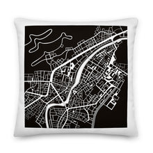 Load image into Gallery viewer, White throw pillow with Chiavenna City Map printed in black
