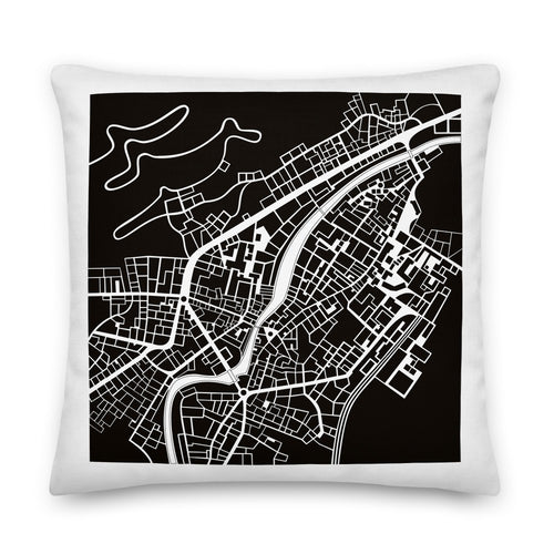 White throw pillow with Chiavenna City Map printed in black